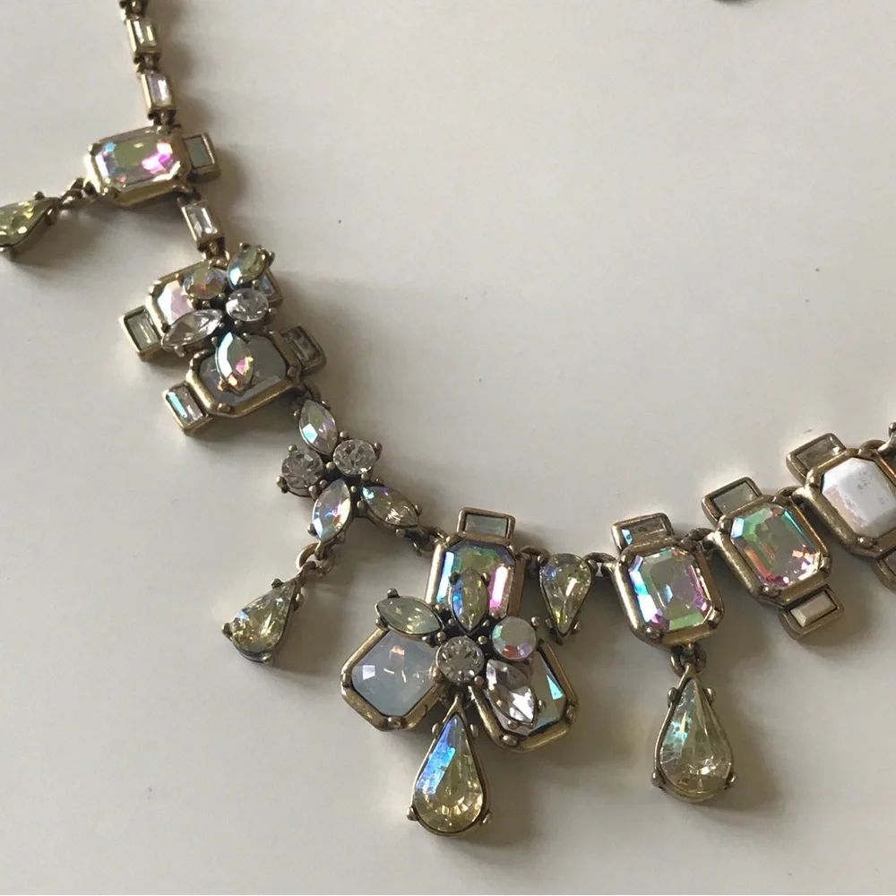 J CREW Signed Iridescent AB Rhinestone Gold Tone Layered Bib Statement Necklace - Picture 3 of 6